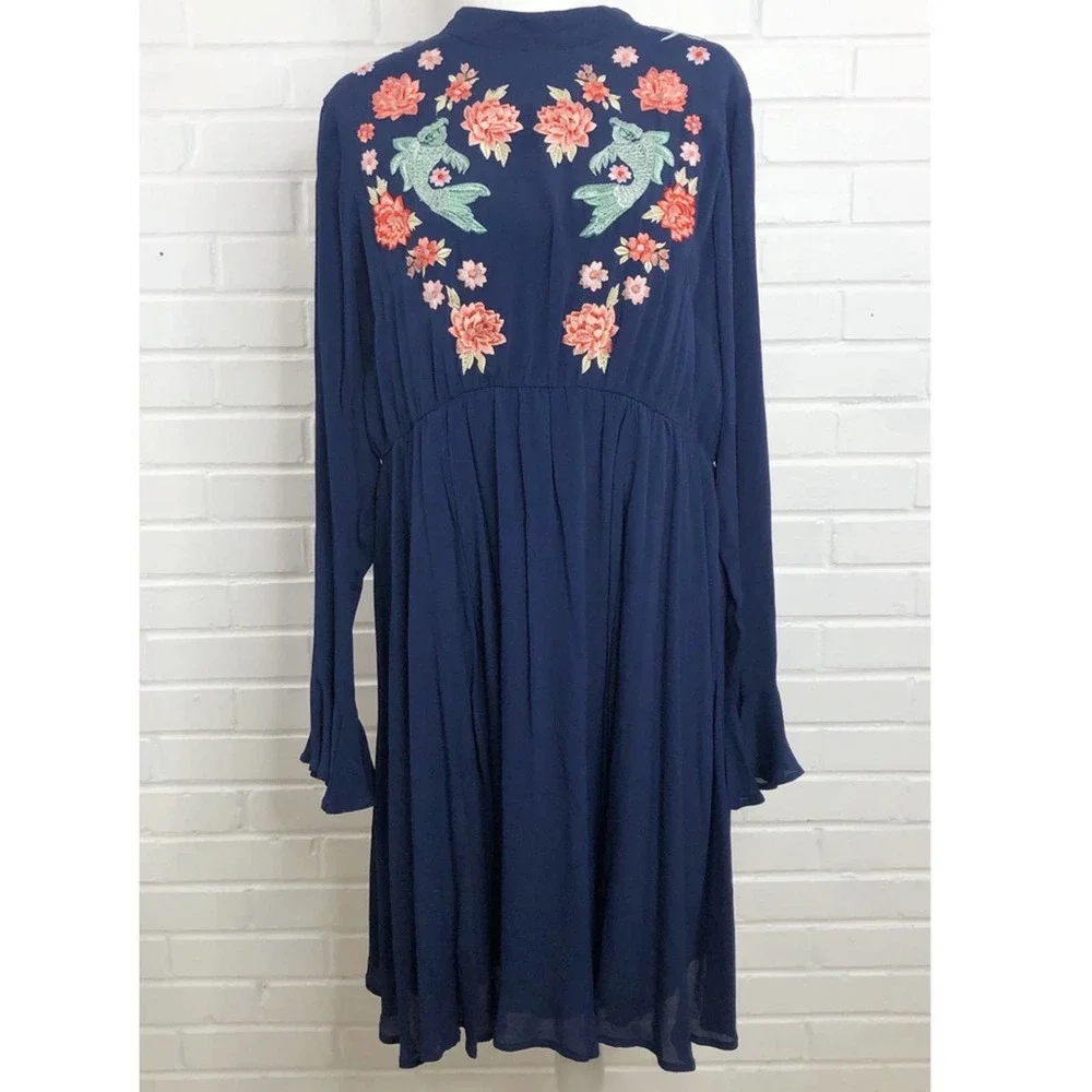 ASOS Boho Embroidered Dress Size 14 Navy Blue Long Sleeve Fit and Flare Modest - Picture 10 of 10